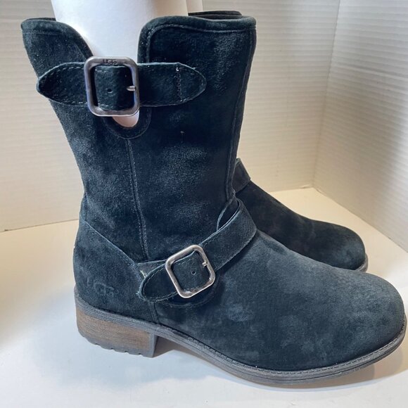 Ugg Black Suede Mid-Calf Buckle Boots Womens Size 8 - Picture 5 of 12